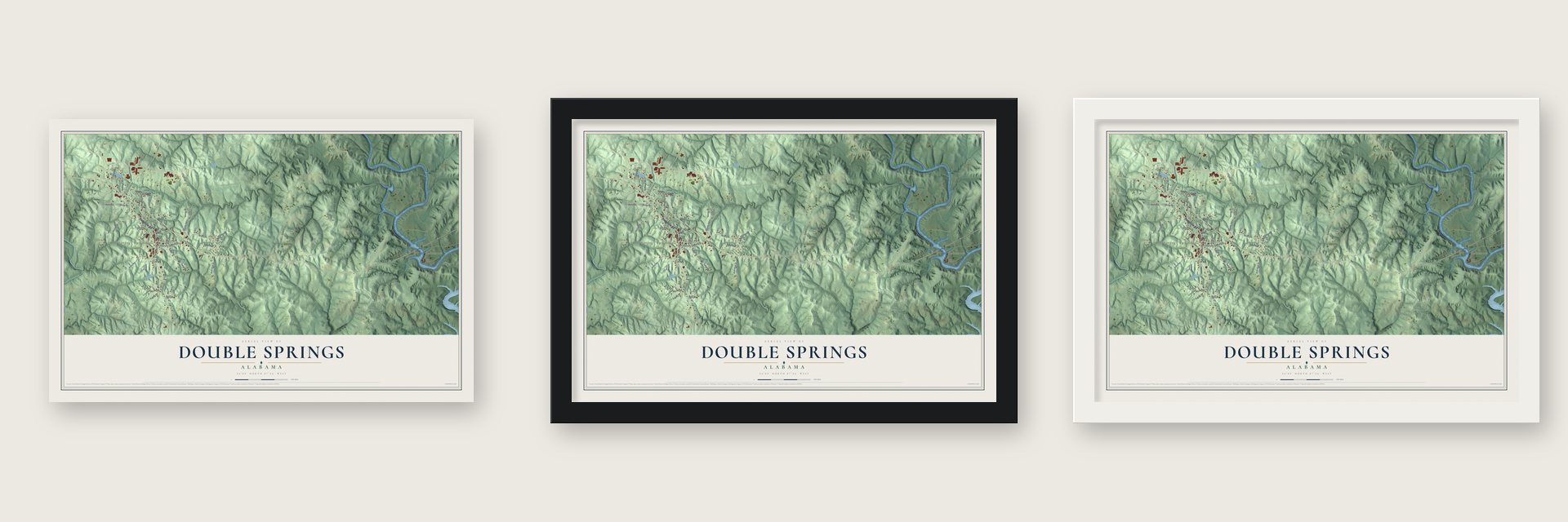 Double Springs, Alabama map unframed, in a black wood frame and in a white wood frame