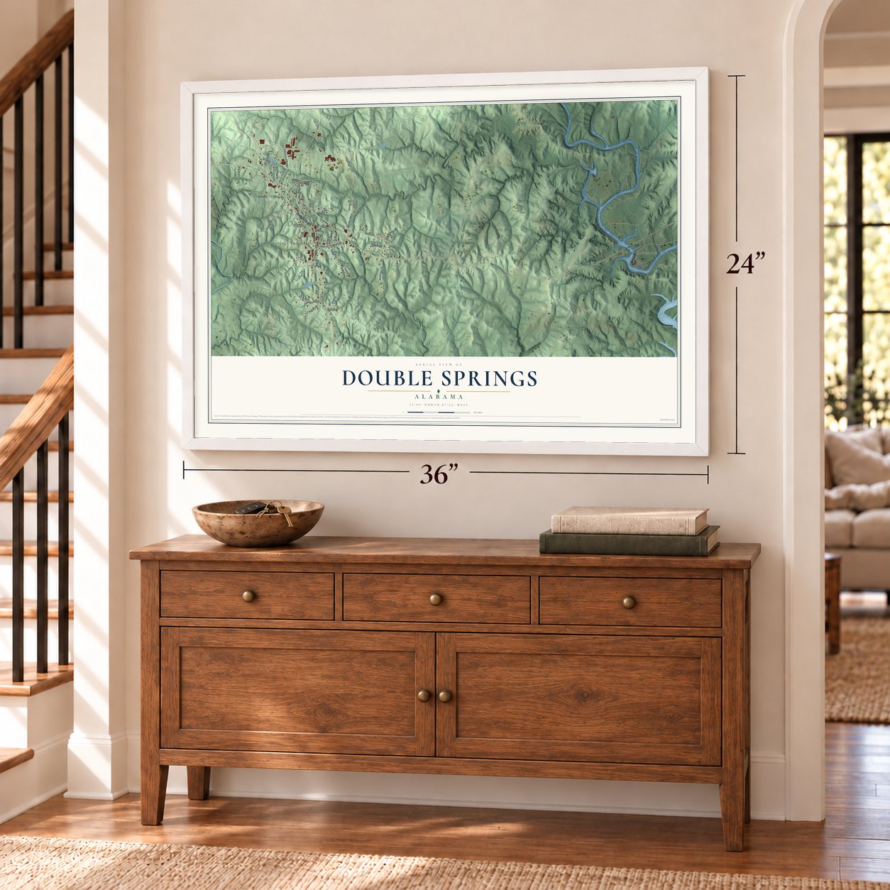 Double Springs, Alabama map, 24 x 36 inch print in a white frame above a dresser by a staircase