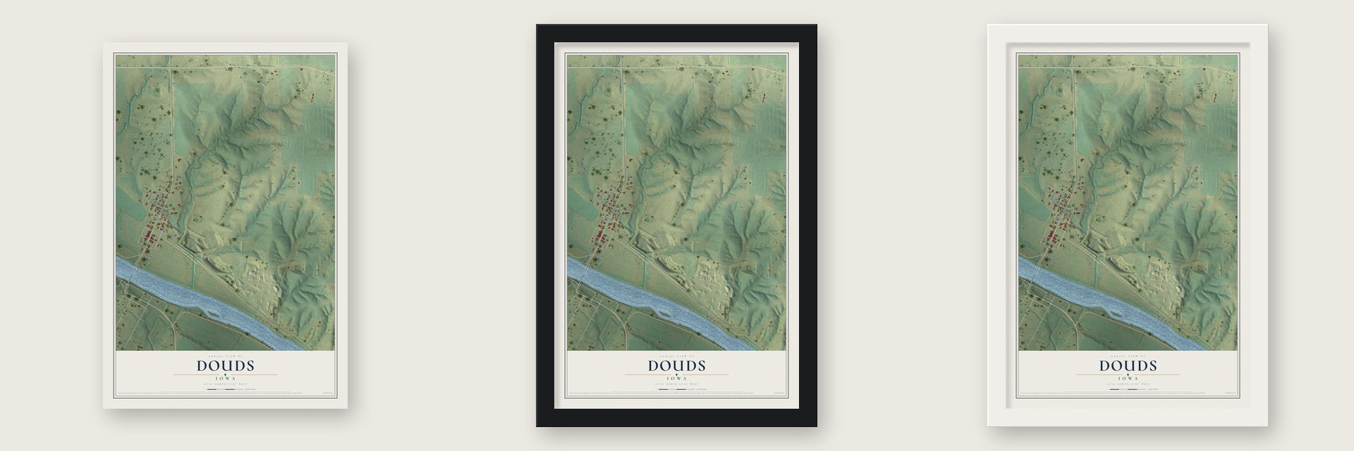 Douds, Iowa map unframed, in a black wood frame and in a white wood frame
