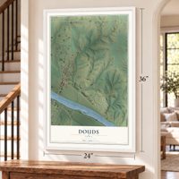 Douds, Iowa map, 24 x 36 inch print in a white frame by a staircase
