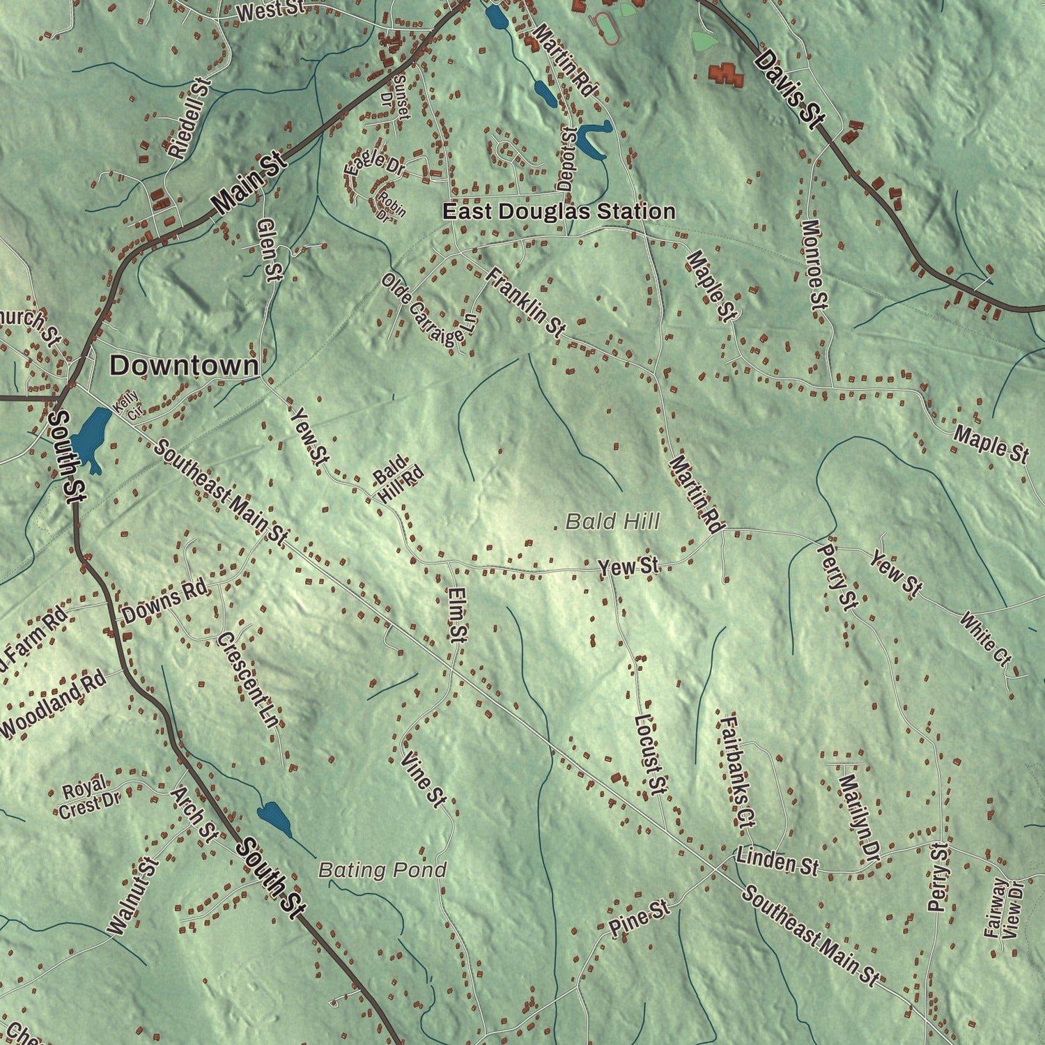 Close-up of the map of Douglas, Massachusetts print showing terrain and local geography