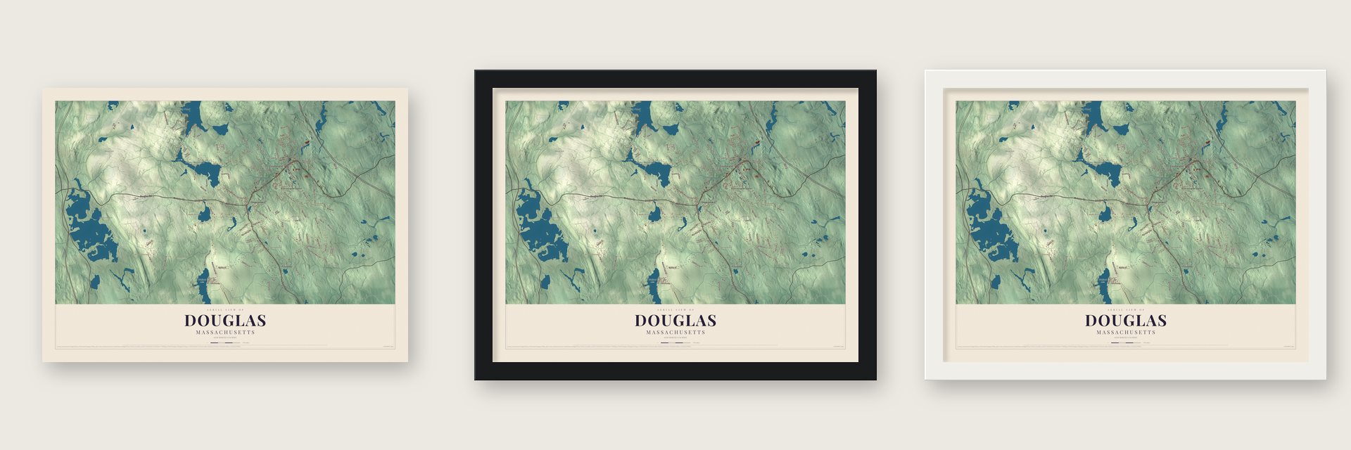 Douglas, Massachusetts map unframed, in a black wood frame and in a white wood frame