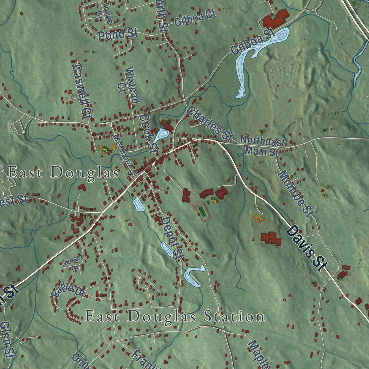 Second close-up of the map of Douglas, Massachusetts print showing more streets and buildings