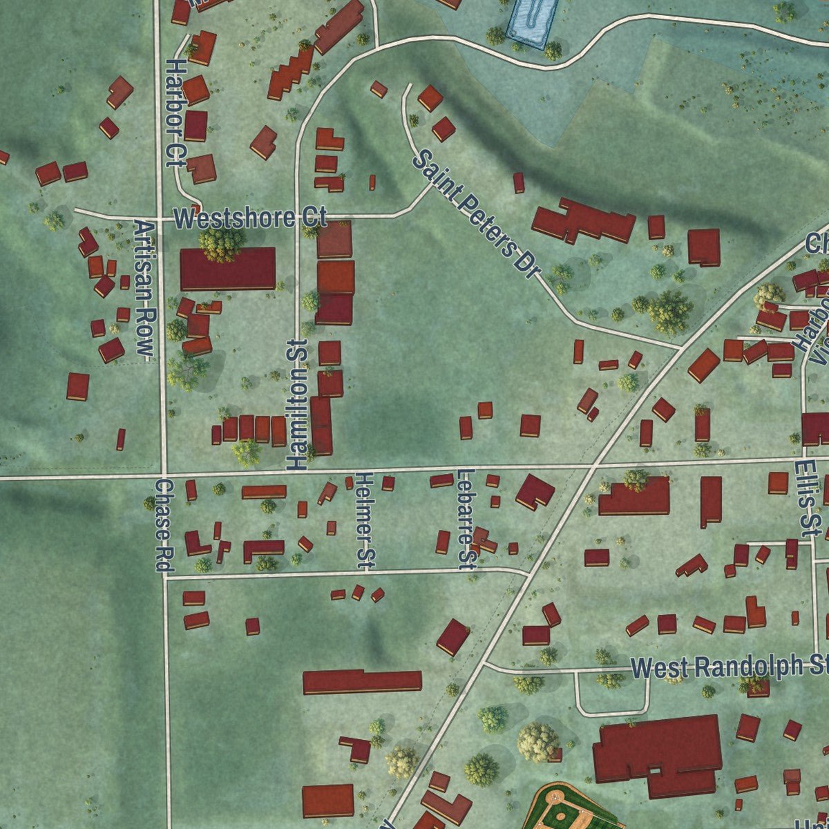 Second close-up of the map of Douglas, Michigan print showing more streets and buildings