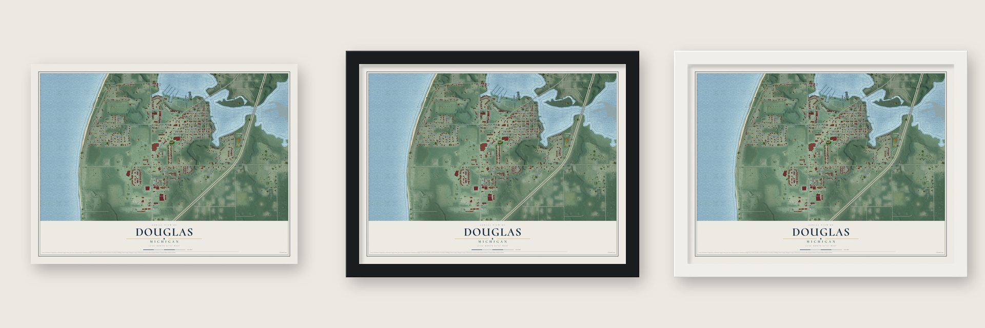 Douglas, Michigan map unframed, in a black wood frame and in a white wood frame