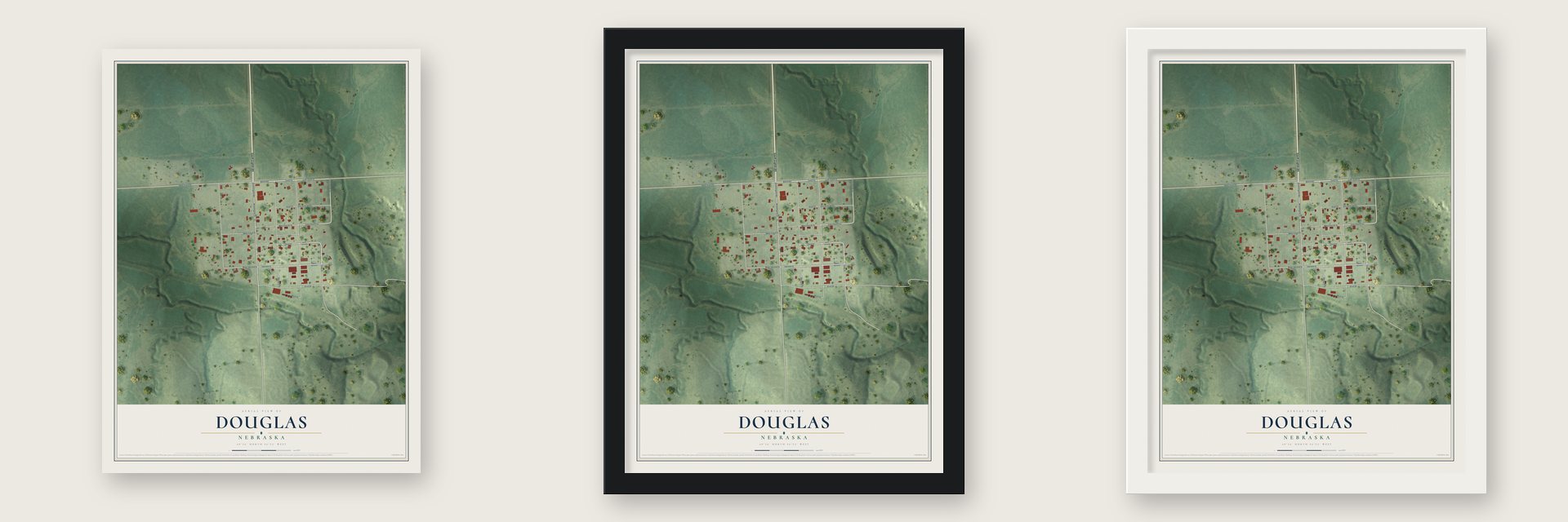 Douglas, Nebraska map unframed, in a black wood frame and in a white wood frame