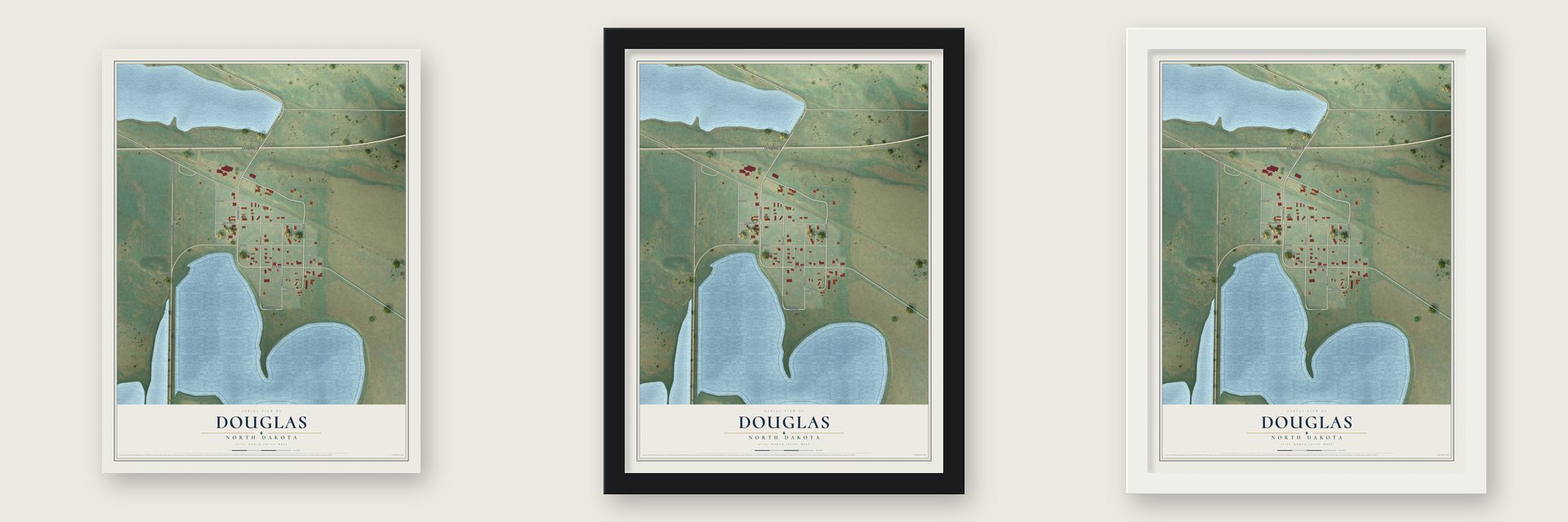 Douglas, North Dakota map unframed, in a black wood frame and in a white wood frame