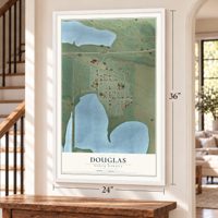 Douglas, North Dakota map, 24 x 36 inch print in a white frame by a staircase