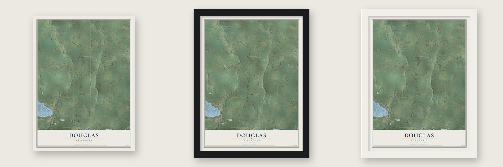 Douglas, Wisconsin map unframed, in a black wood frame and in a white wood frame