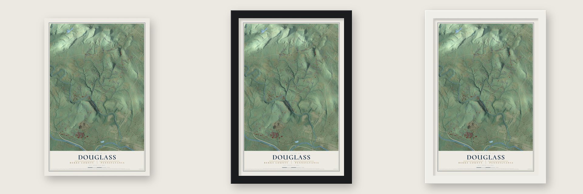 Douglass, Berks County, Pennsylvania map unframed, in a black wood frame and in a white wood frame
