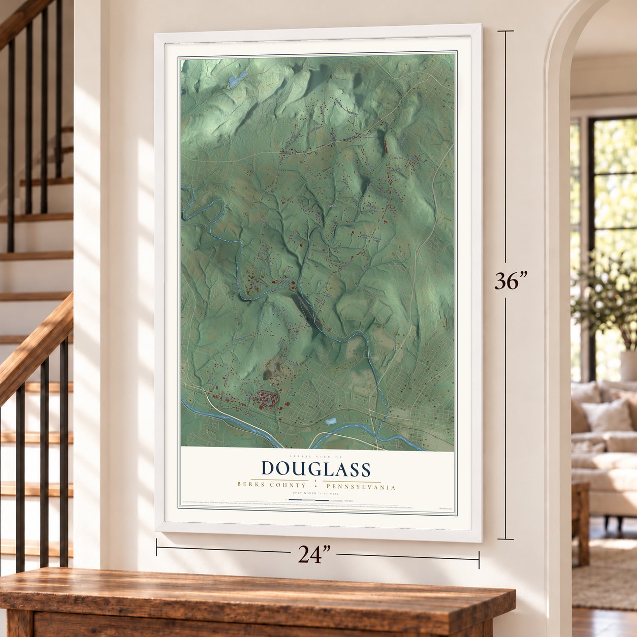 Douglass, Berks County, Pennsylvania map, 24 x 36 inch print in a white frame by a staircase