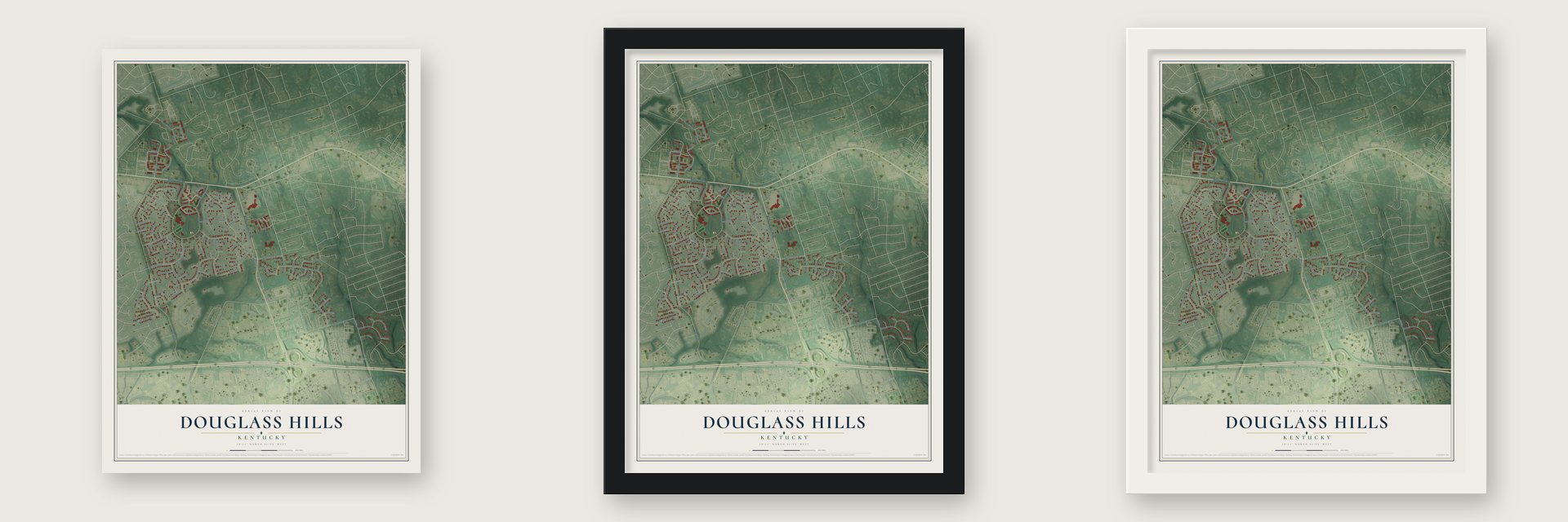 Douglass Hills, Kentucky map unframed, in a black wood frame and in a white wood frame