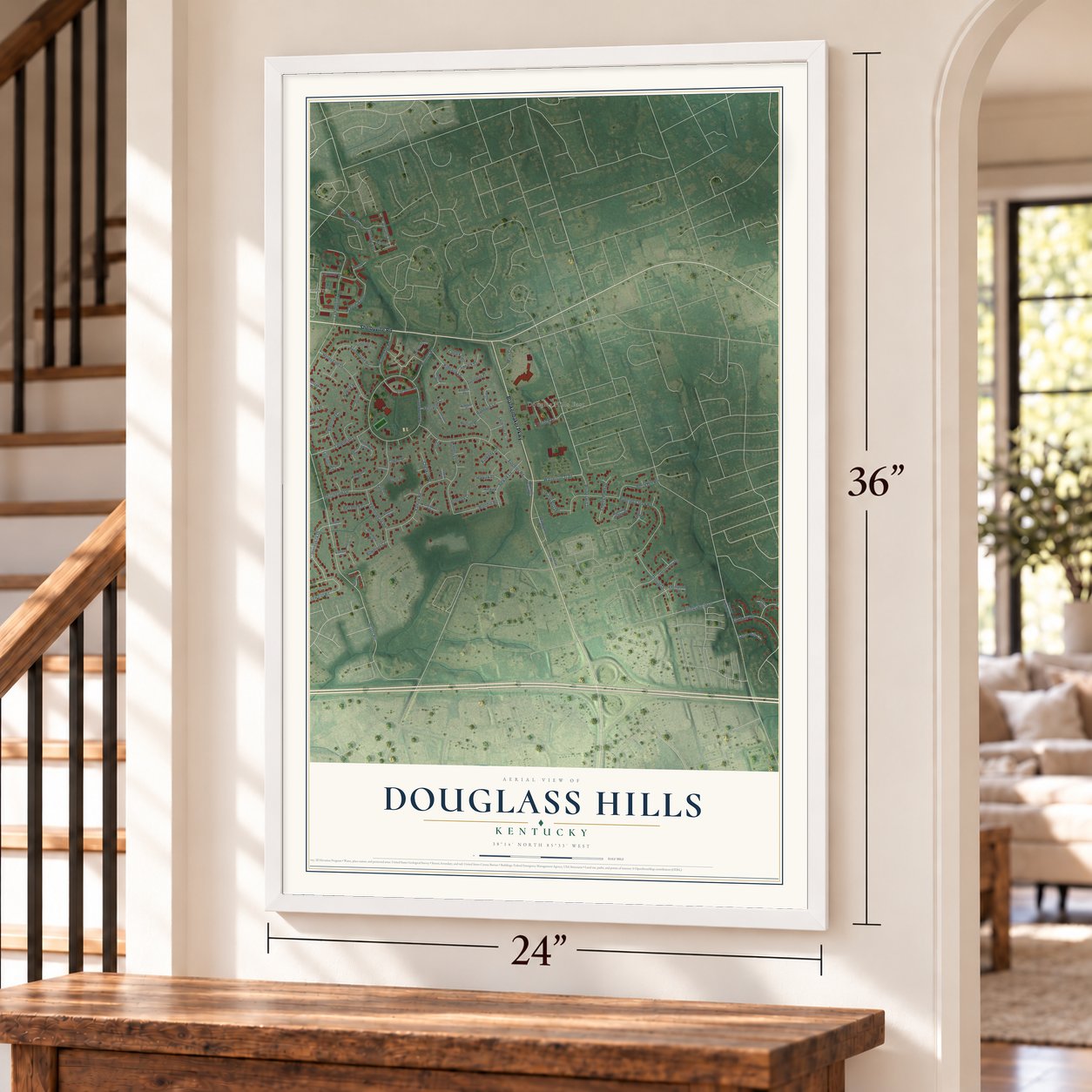 Douglass Hills, Kentucky map, 24 x 36 inch print in a white frame by a staircase
