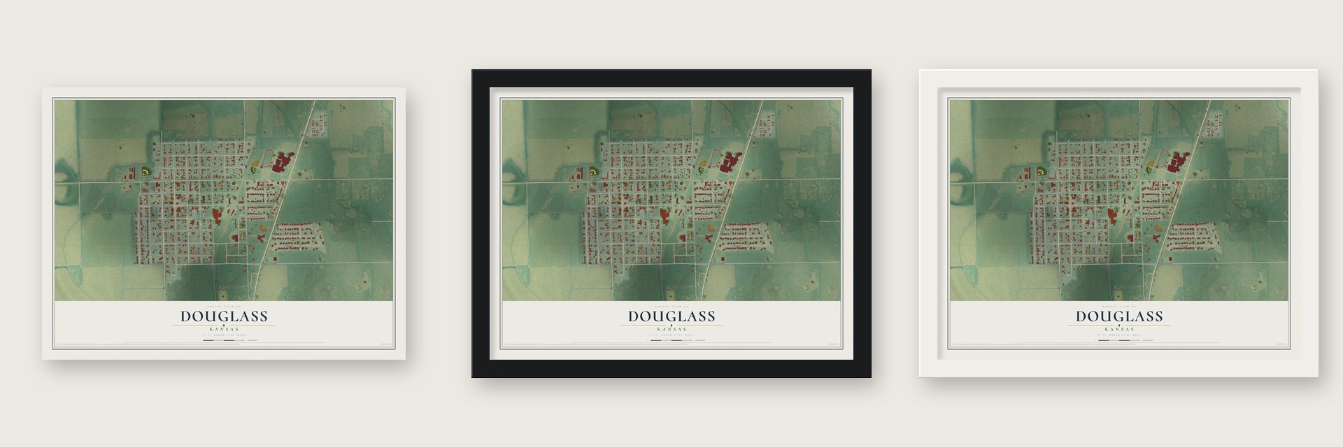 Douglass, Kansas map unframed, in a black wood frame and in a white wood frame