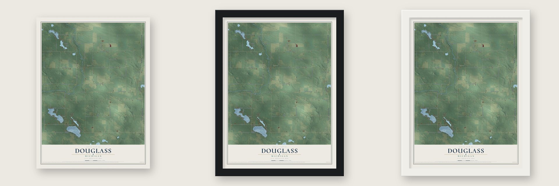 Douglass, Michigan map unframed, in a black wood frame and in a white wood frame