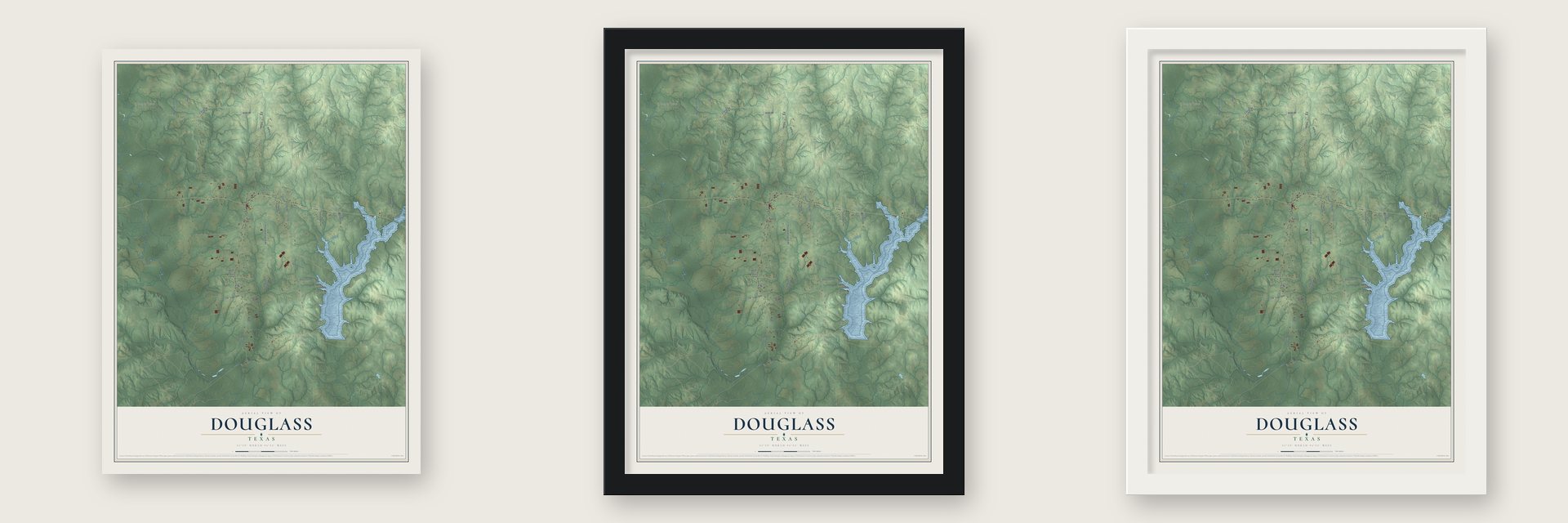 Douglass, Texas map unframed, in a black wood frame and in a white wood frame