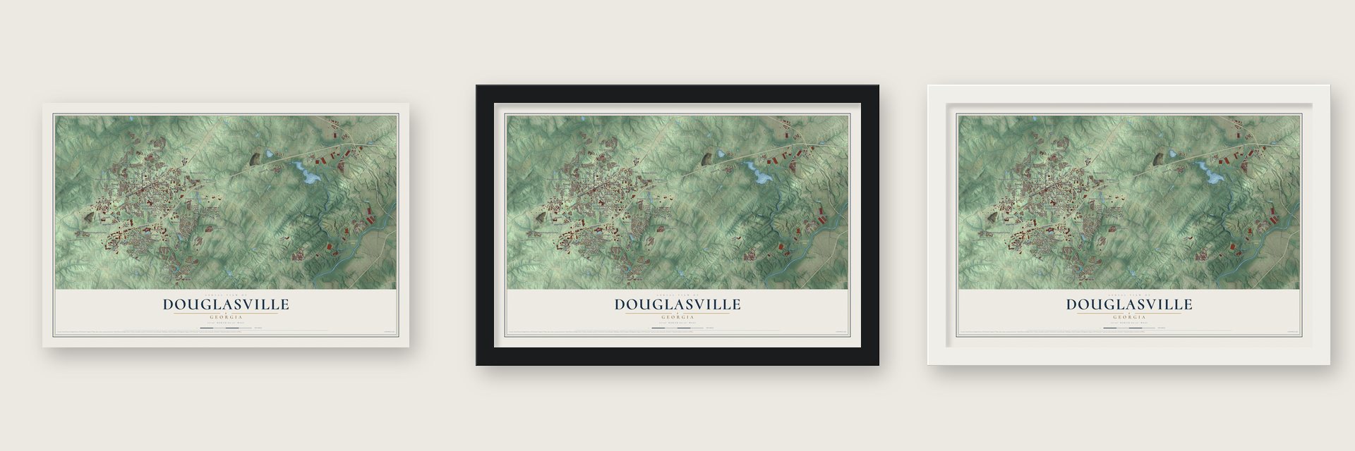 Douglasville, Georgia map unframed, in a black wood frame and in a white wood frame