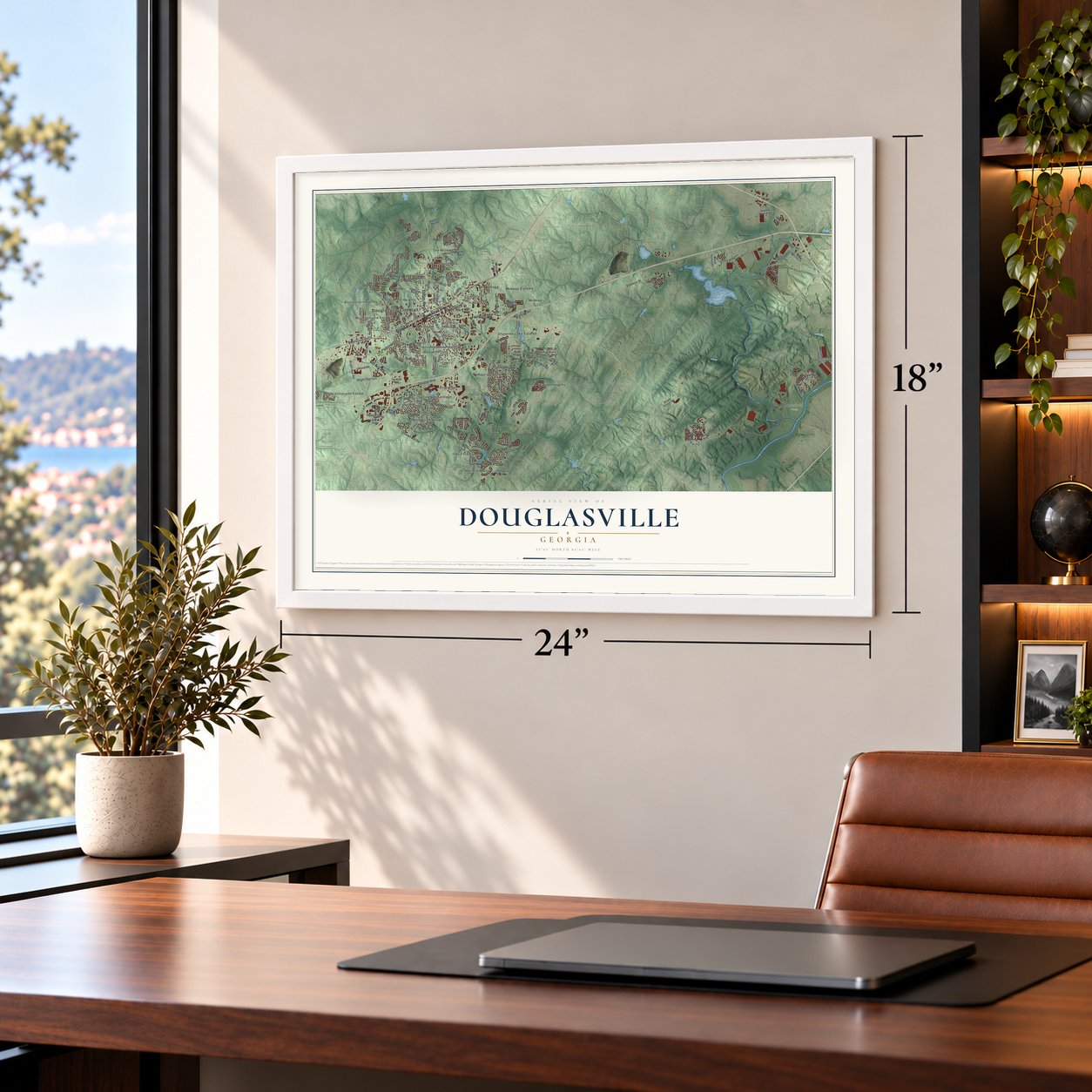Douglasville, Georgia map, 18 x 24 inch print in a white frame in a home office