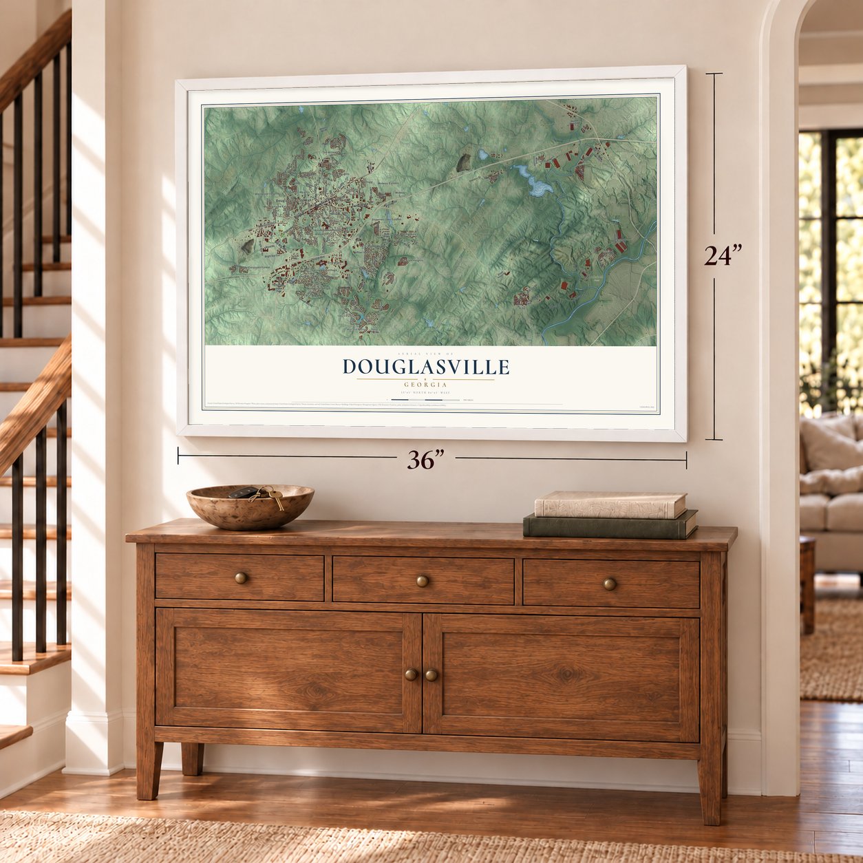 Douglasville, Georgia map, 24 x 36 inch print in a white frame above a dresser by a staircase