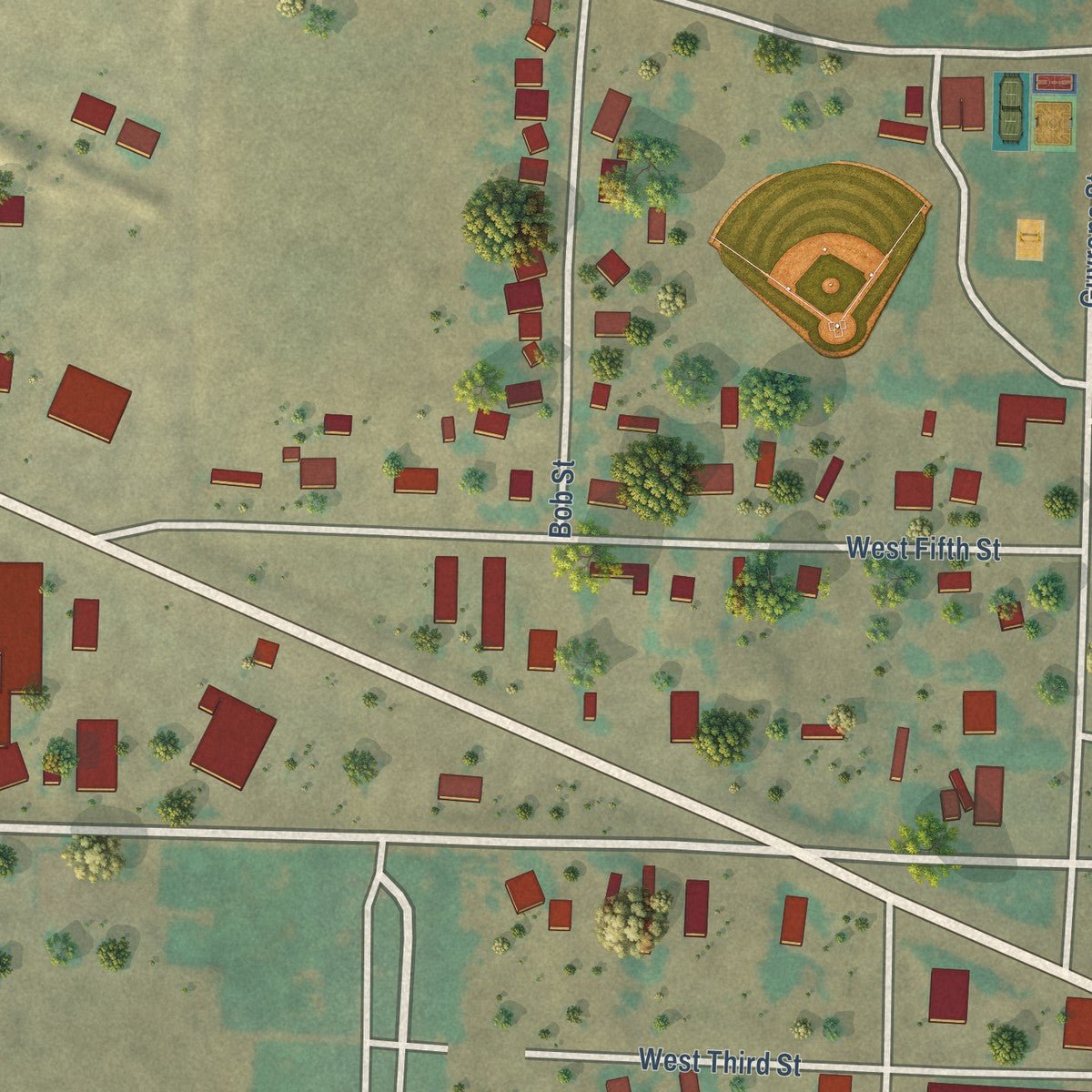 Second close-up of the map of Dove Creek, Colorado print showing more streets and buildings