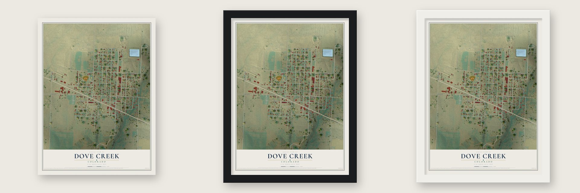 Dove Creek, Colorado map unframed, in a black wood frame and in a white wood frame