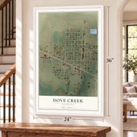 Dove Creek, Colorado map, 24 x 36 inch print in a white frame by a staircase