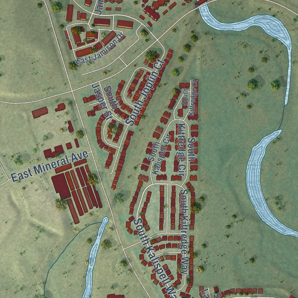 Second close-up of the map of Dove Valley, Colorado print showing more streets and buildings