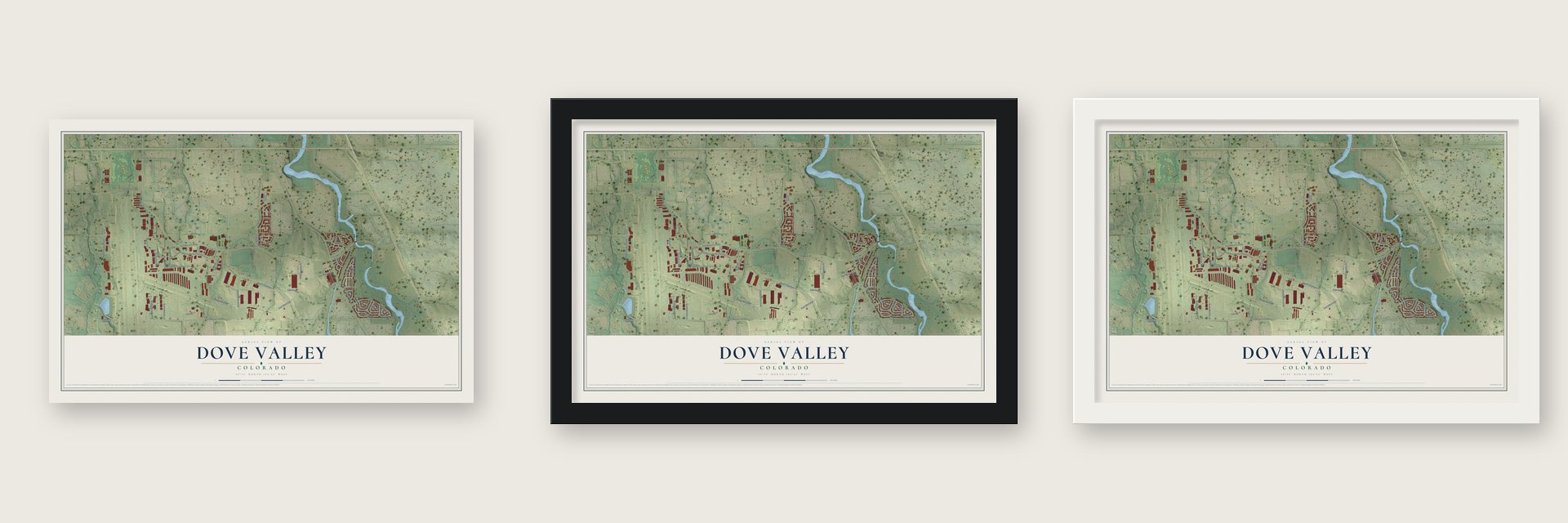 Dove Valley, Colorado map unframed, in a black wood frame and in a white wood frame