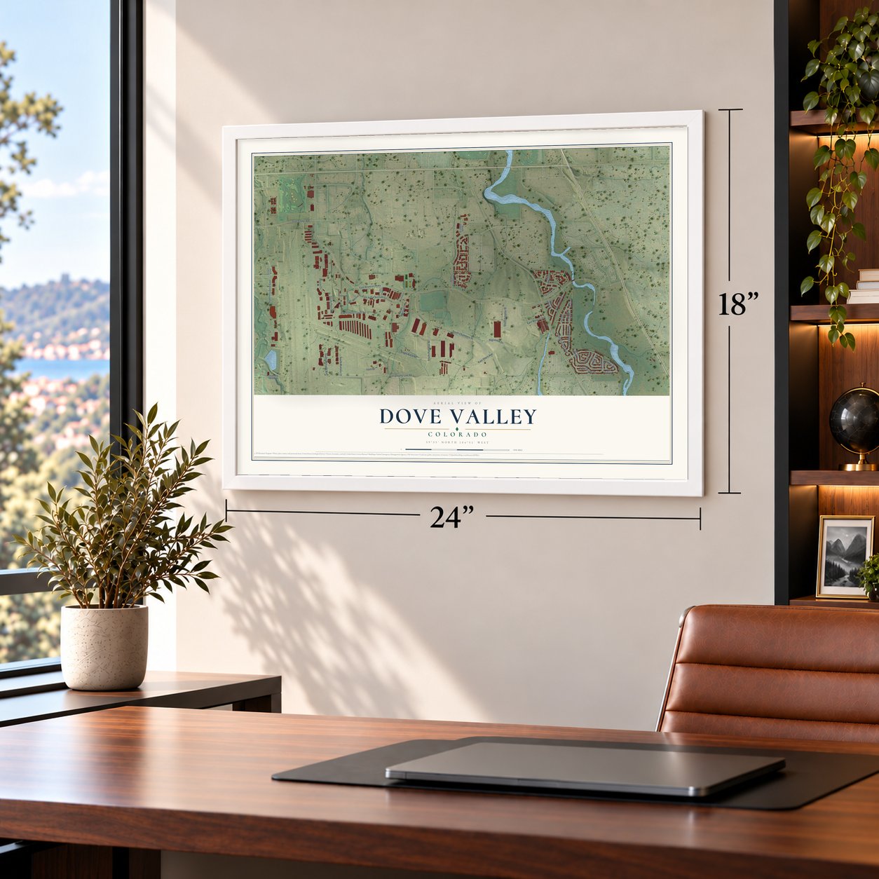 Dove Valley, Colorado map, 18 x 24 inch print in a white frame in a home office