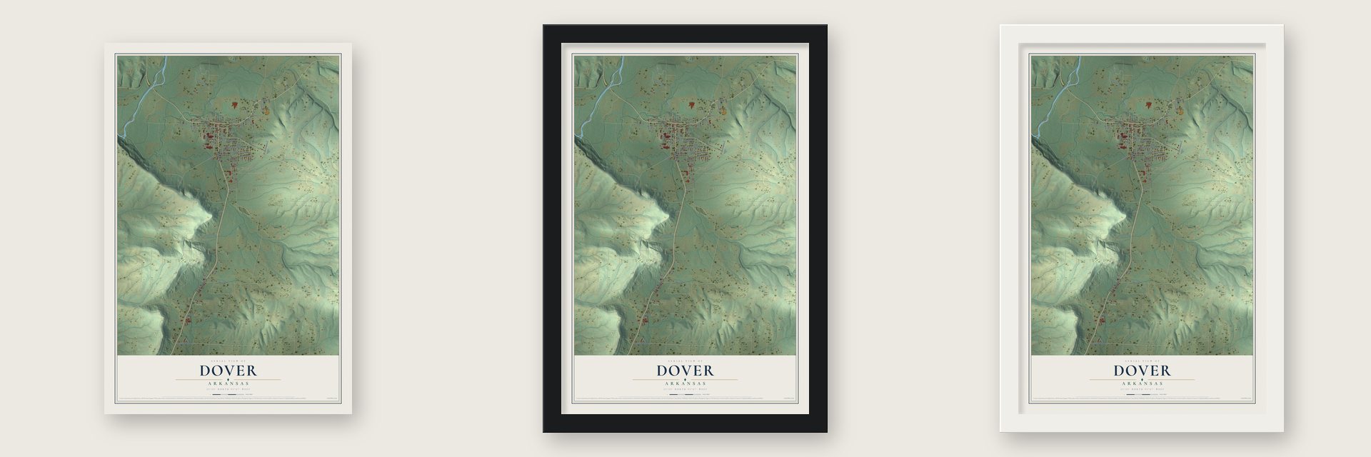 Dover, Arkansas map unframed, in a black wood frame and in a white wood frame