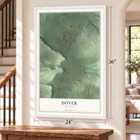 Dover, Arkansas map, 24 x 36 inch print in a white frame by a staircase