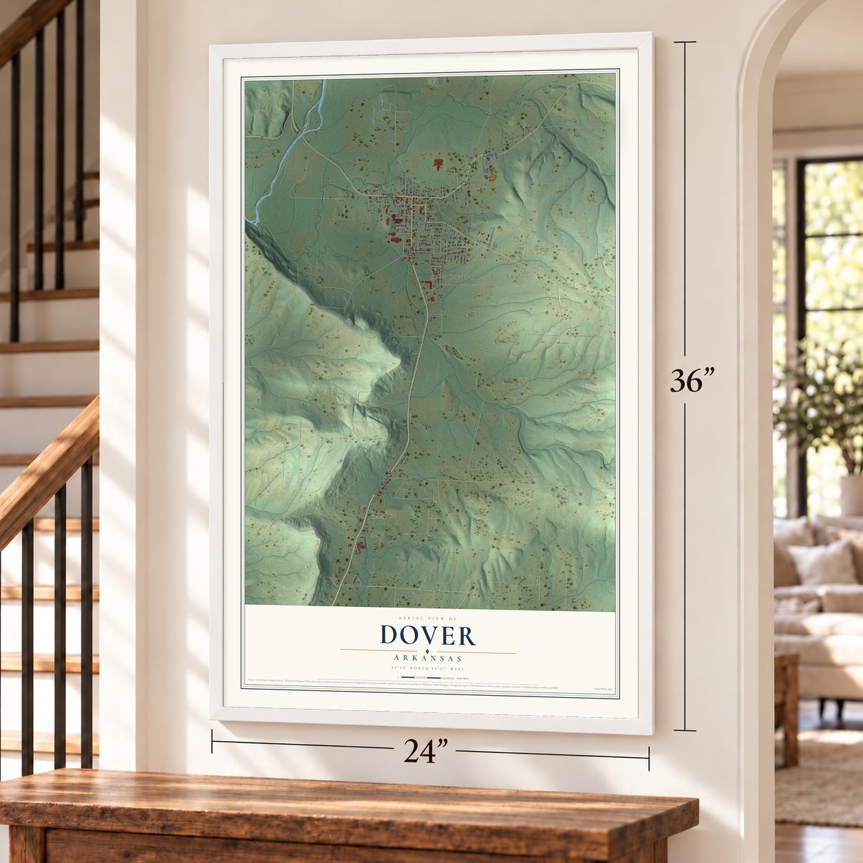 Dover, Arkansas map, 24 x 36 inch print in a white frame by a staircase