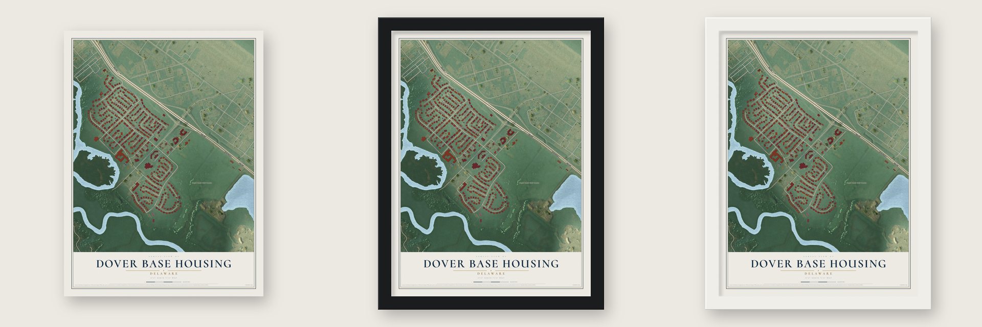 Dover Base Housing, Delaware map unframed, in a black wood frame and in a white wood frame