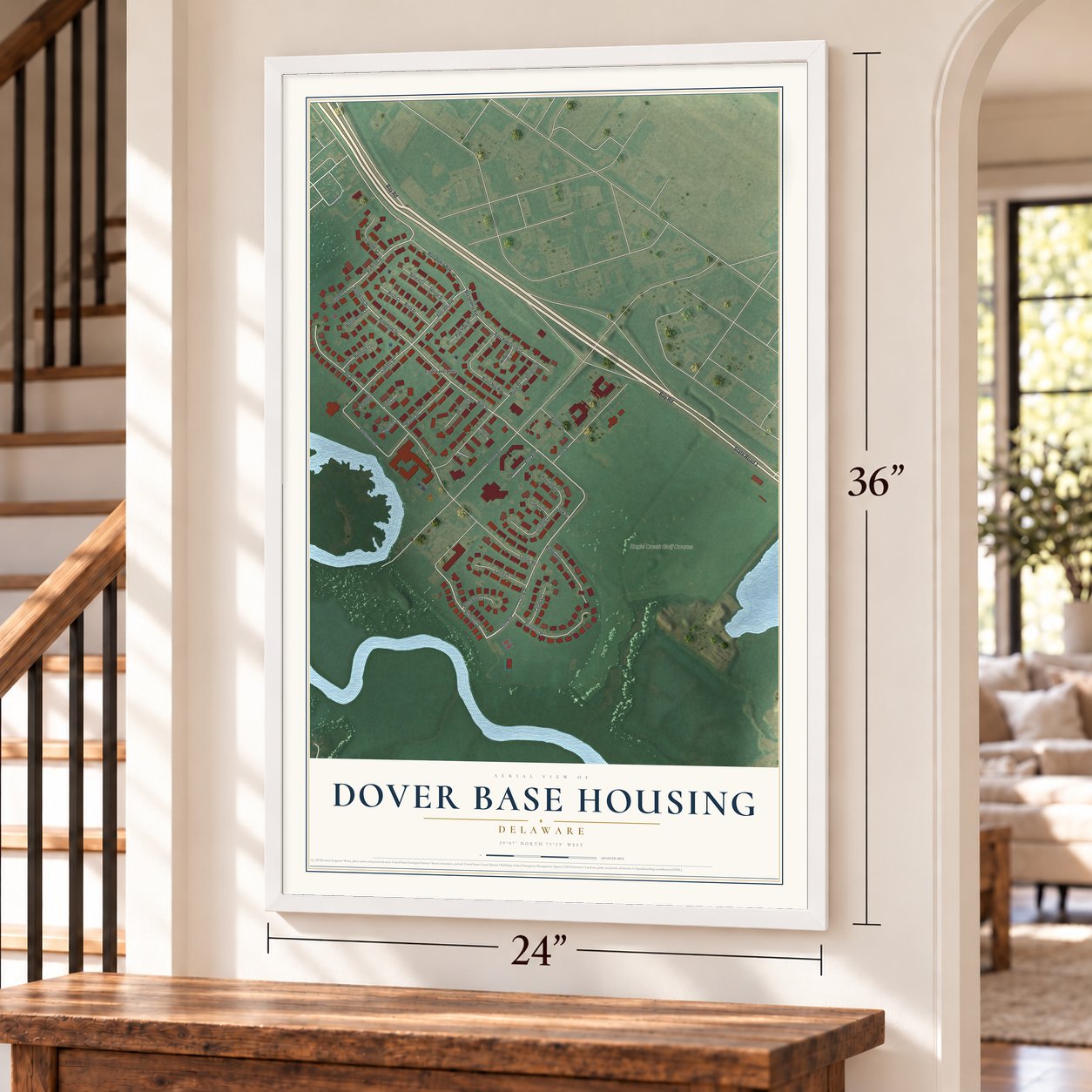 Dover Base Housing, Delaware map, 24 x 36 inch print in a white frame by a staircase