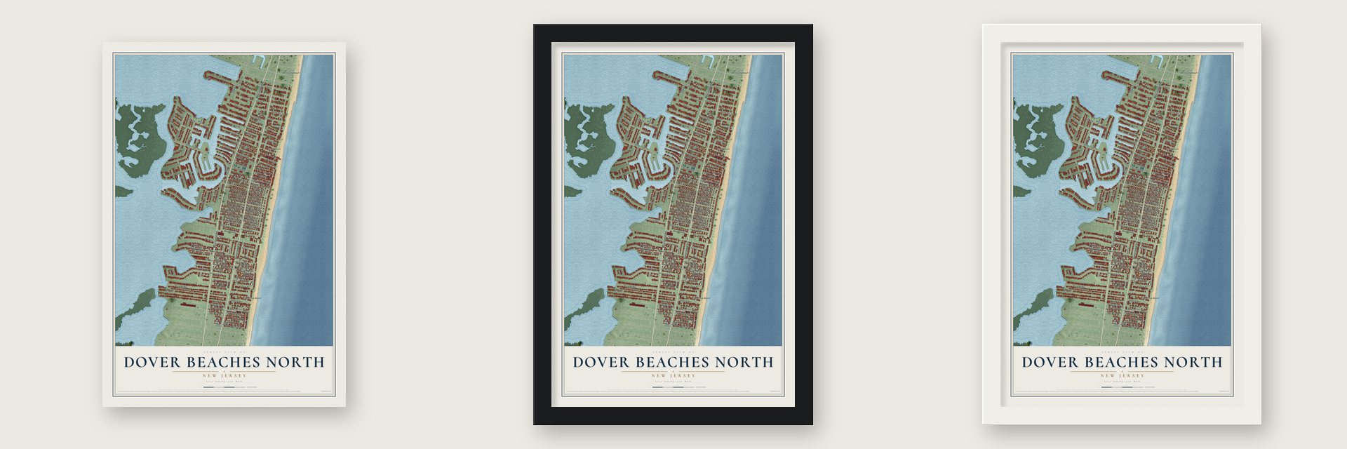Dover Beaches North, New Jersey map unframed, in a black wood frame and in a white wood frame