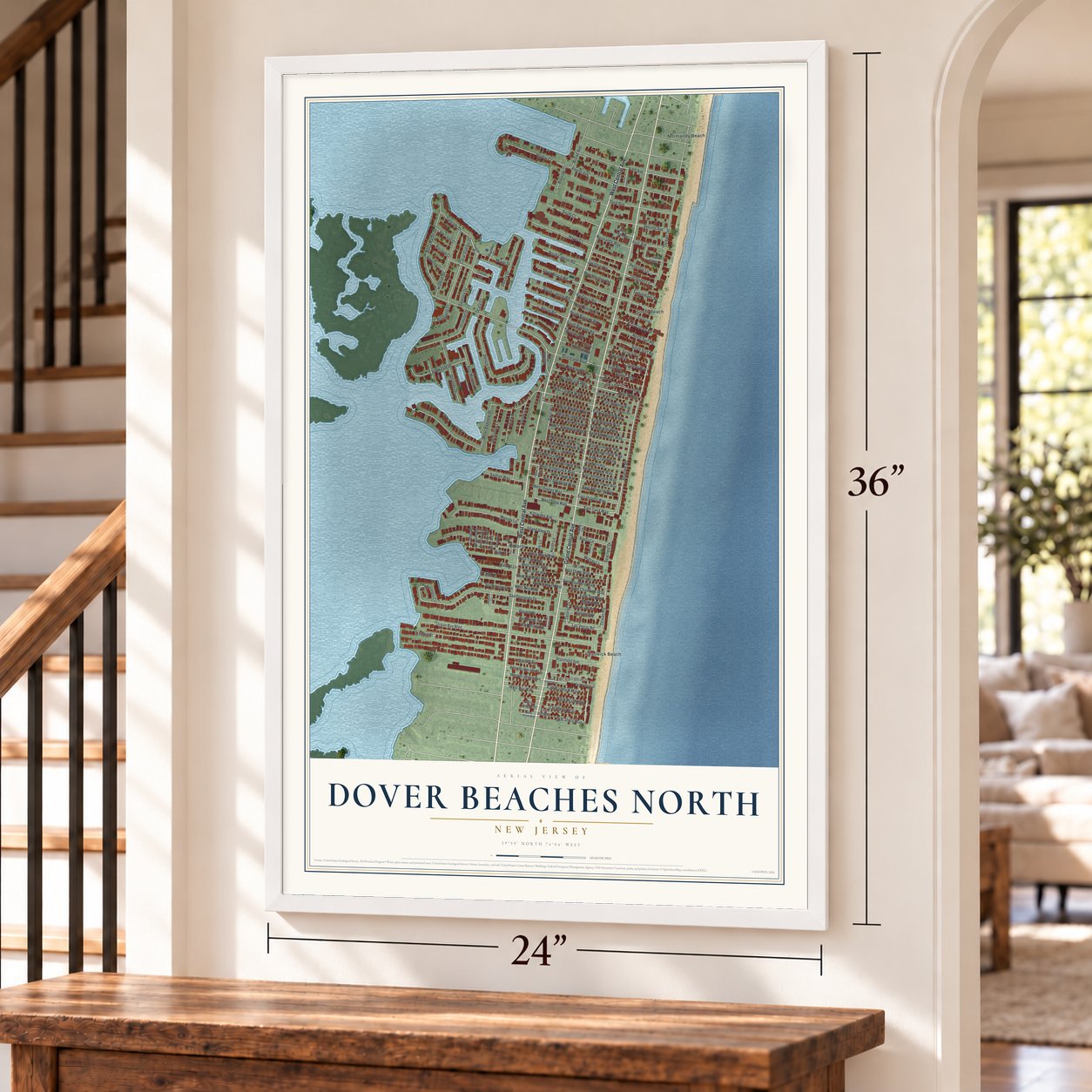 Dover Beaches North, New Jersey map, 24 x 36 inch print in a white frame by a staircase