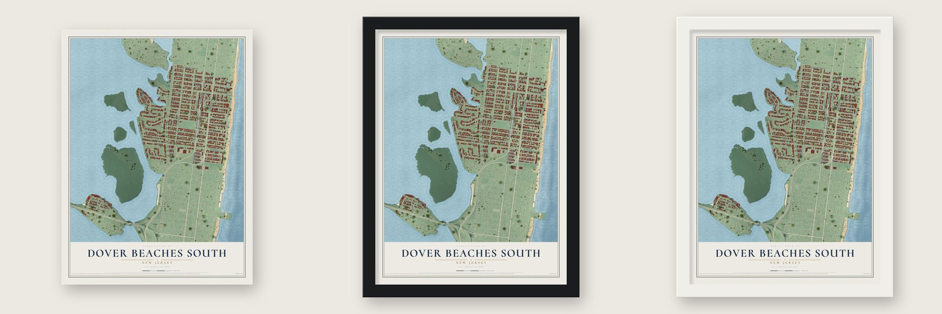 Dover Beaches South, New Jersey map unframed, in a black wood frame and in a white wood frame