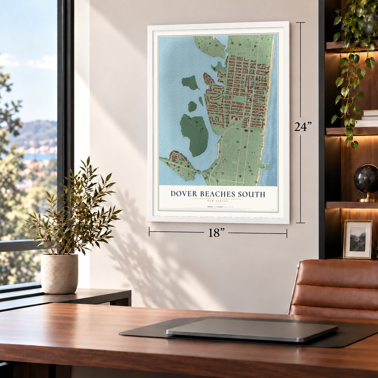Dover Beaches South, New Jersey map, 18 x 24 inch print in a white frame in a home office