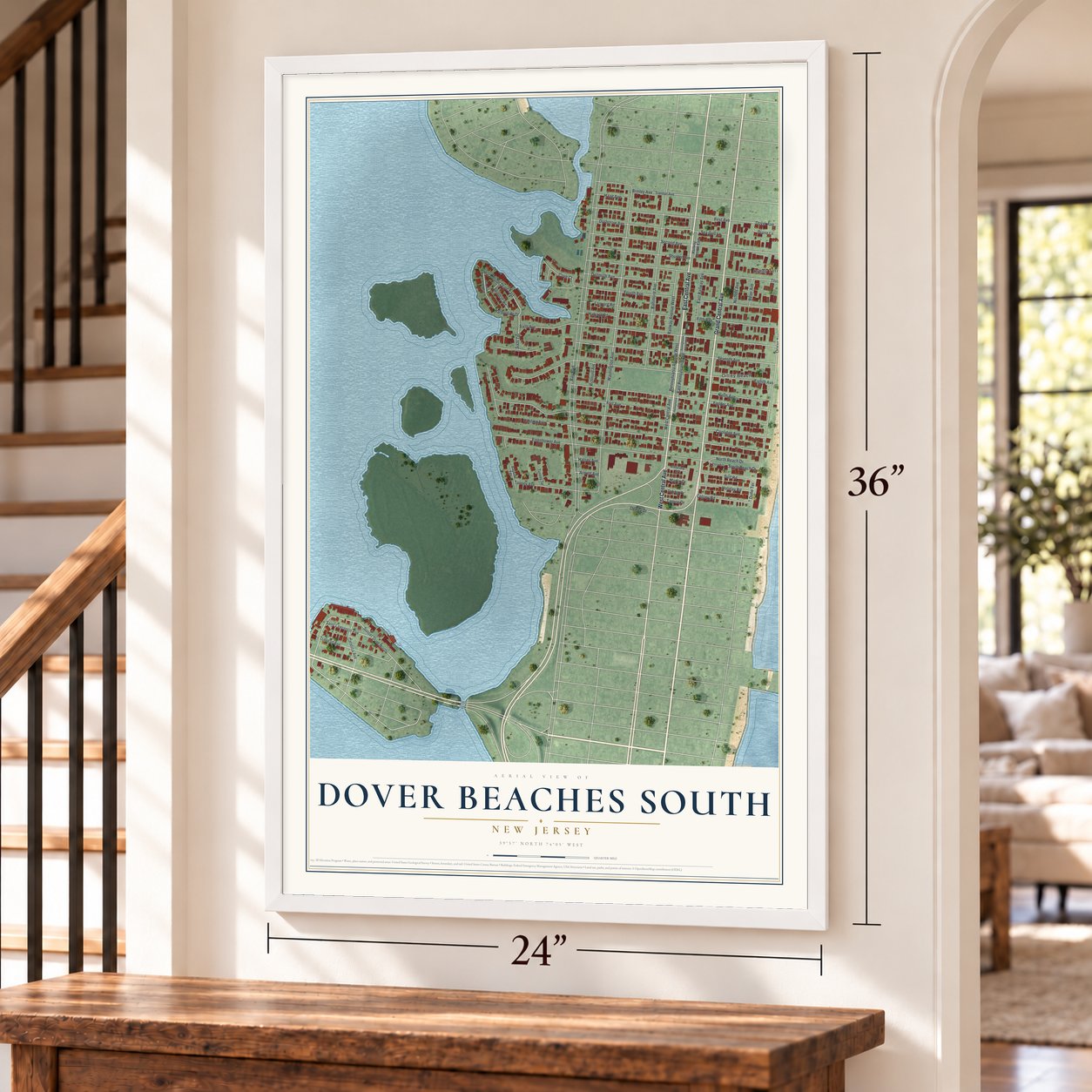 Dover Beaches South, New Jersey map, 24 x 36 inch print in a white frame by a staircase