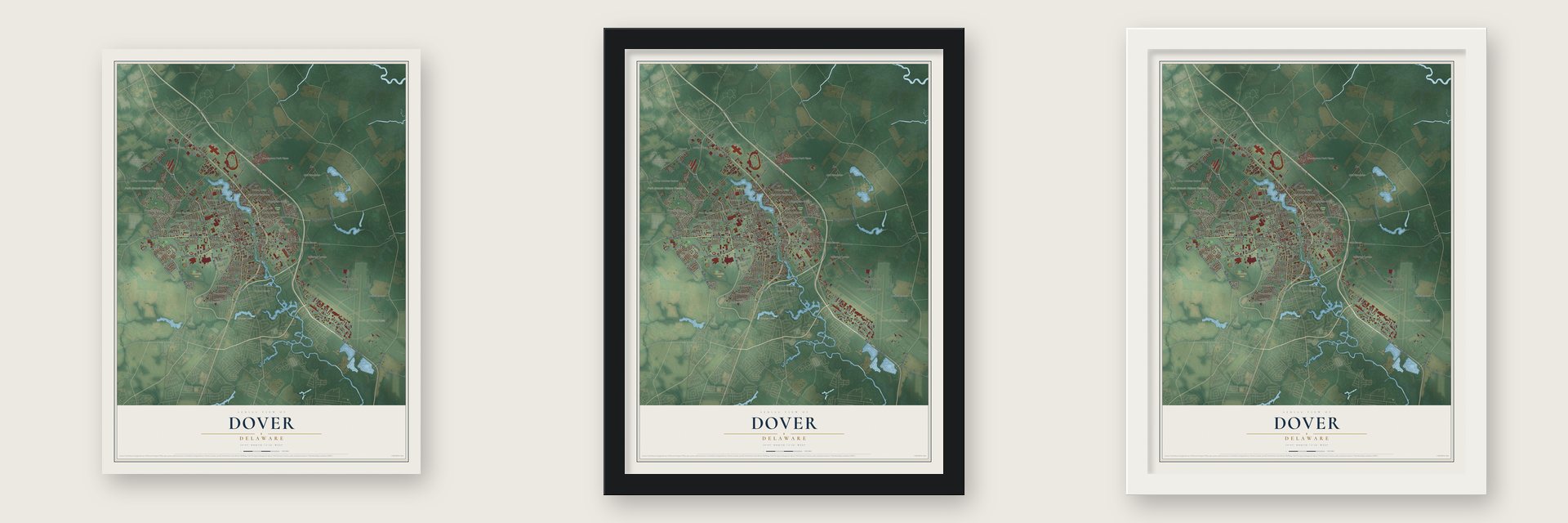 Dover, Delaware map unframed, in a black wood frame and in a white wood frame