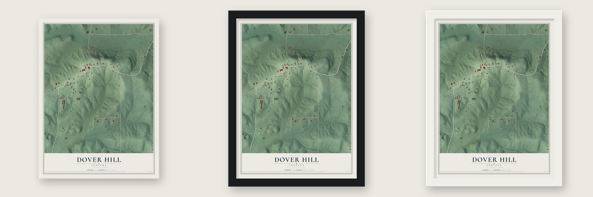 Dover Hill, Indiana map unframed, in a black wood frame and in a white wood frame
