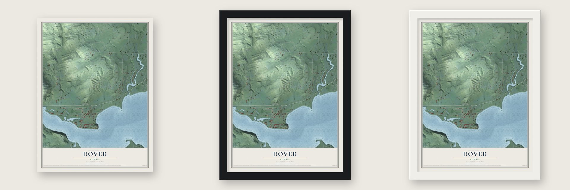 Dover, Idaho map unframed, in a black wood frame and in a white wood frame