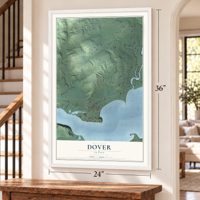 Dover, Idaho map, 24 x 36 inch print in a white frame by a staircase
