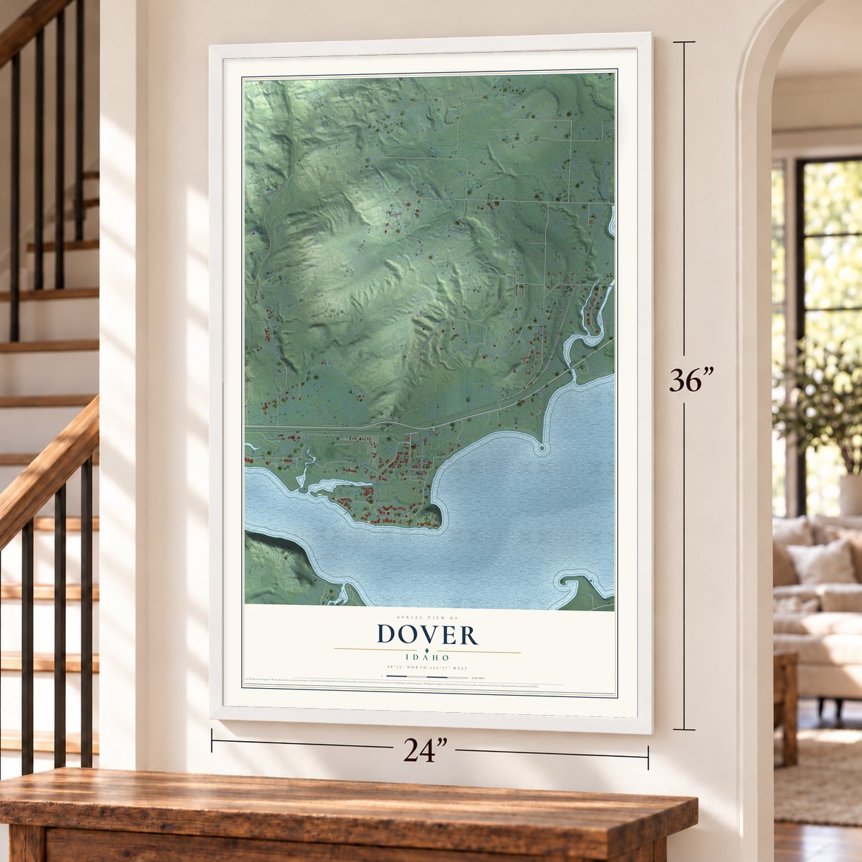 Dover, Idaho map, 24 x 36 inch print in a white frame by a staircase