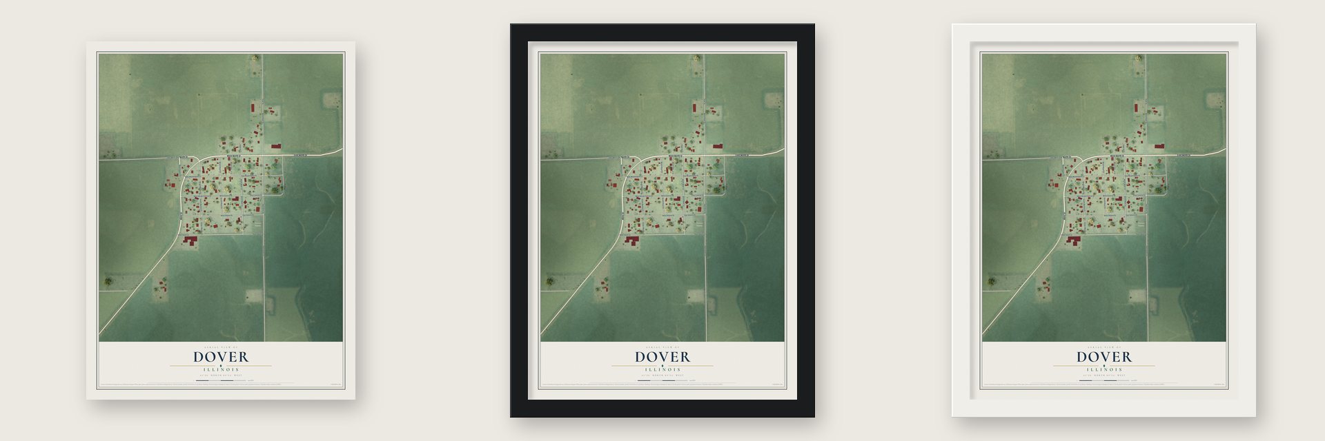 Dover, Illinois map unframed, in a black wood frame and in a white wood frame
