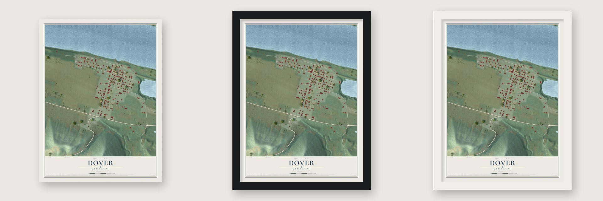Dover, Kentucky map unframed, in a black wood frame and in a white wood frame