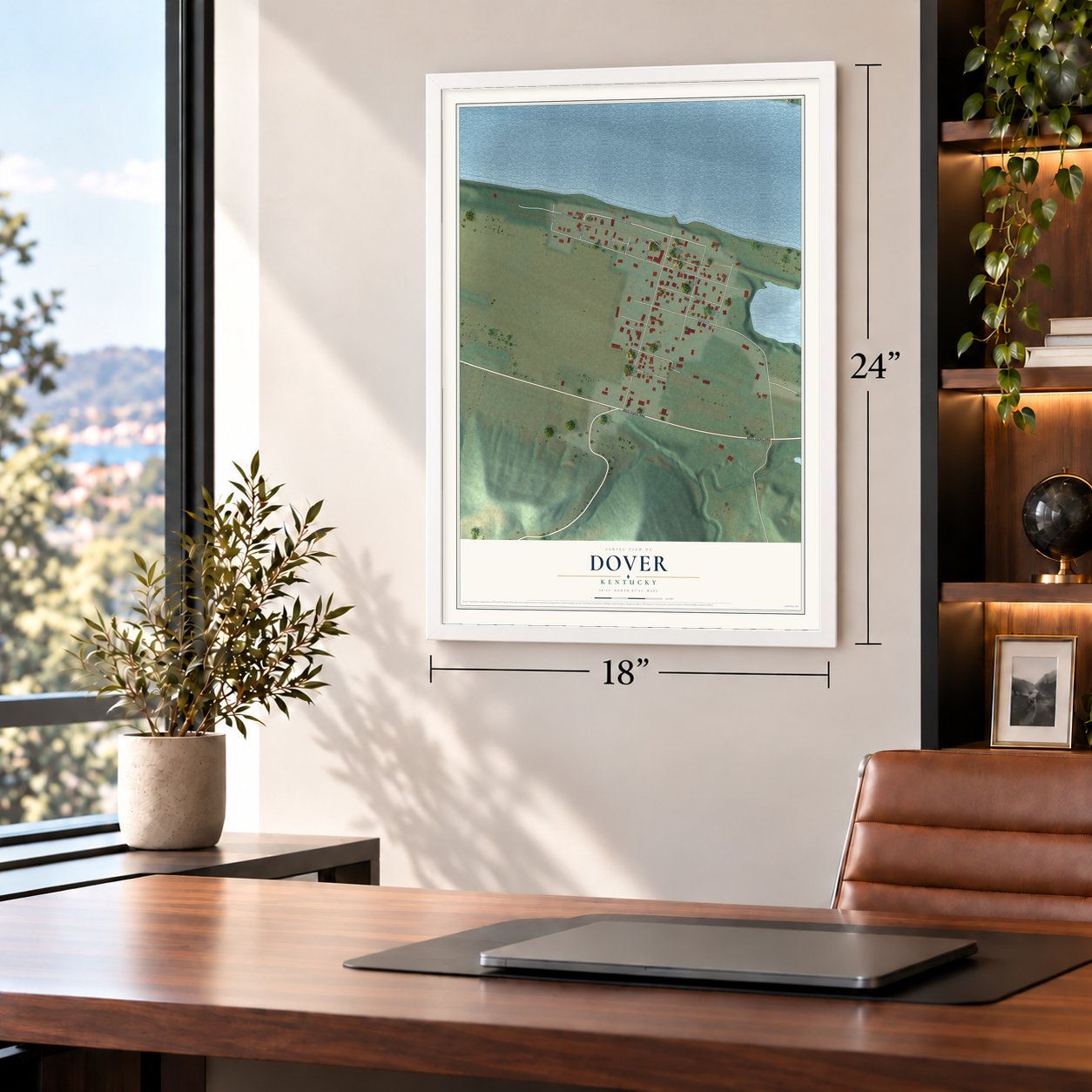 Dover, Kentucky map, 18 x 24 inch print in a white frame in a home office