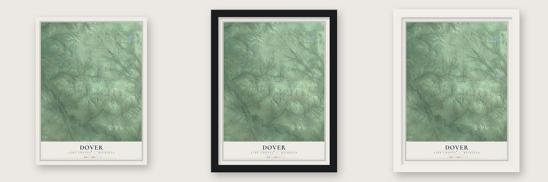 Dover, Lake County, Michigan map unframed, in a black wood frame and in a white wood frame