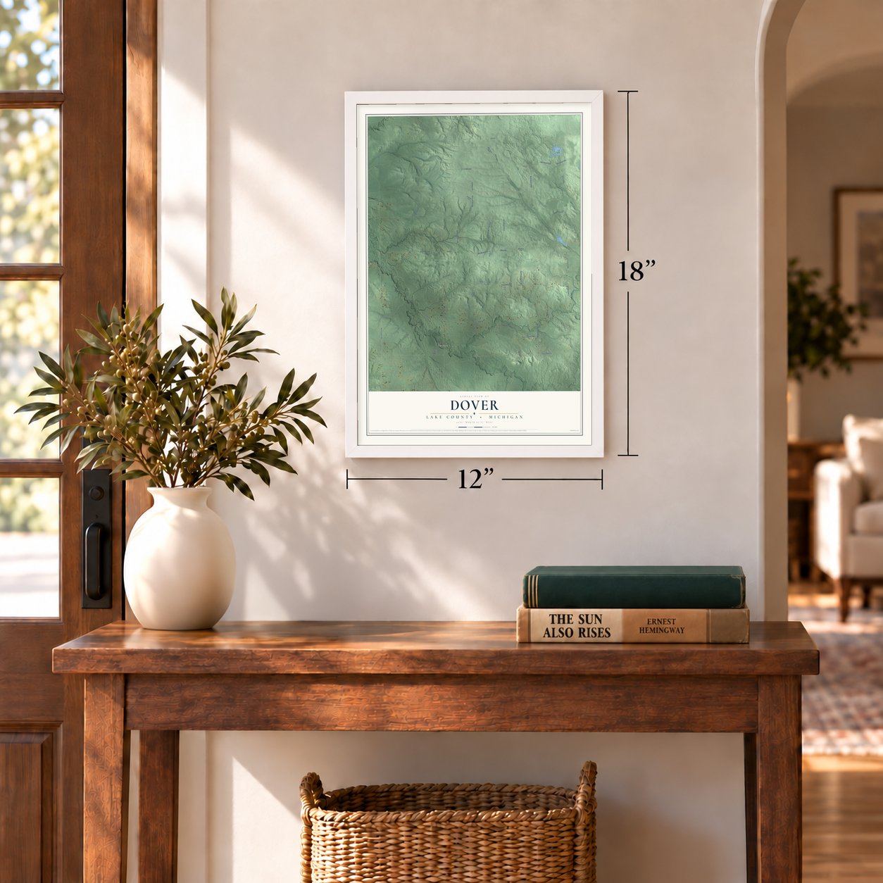 Dover, Lake County, Michigan map, 12 x 18 inch print in a white frame in an entryway