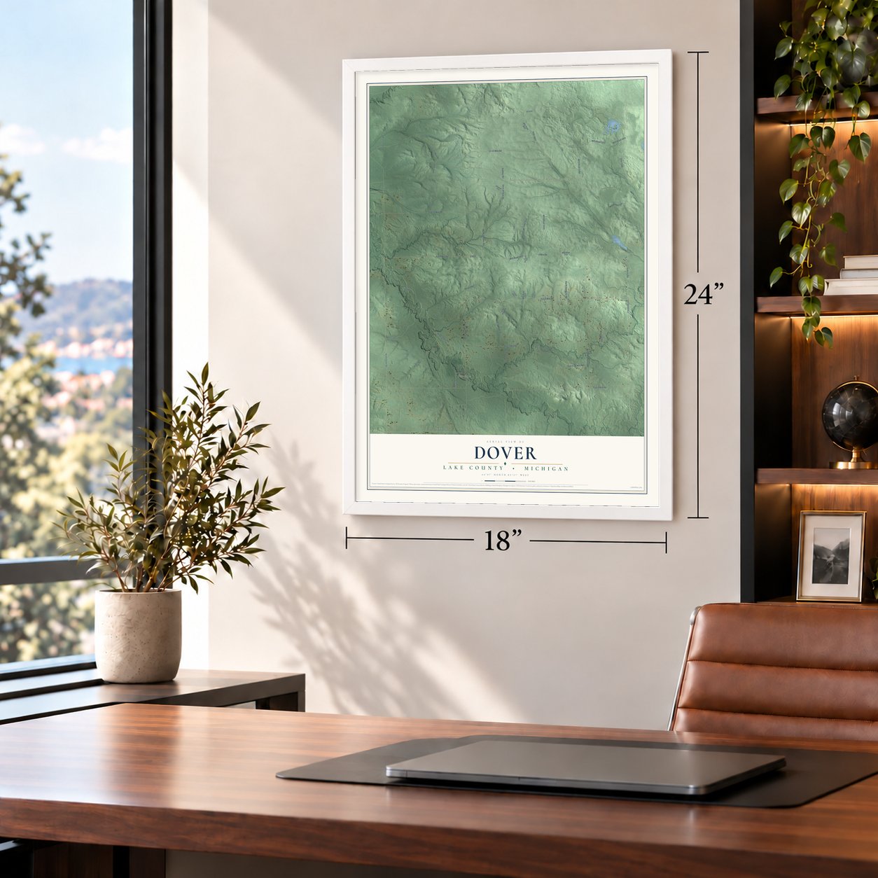 Dover, Lake County, Michigan map, 18 x 24 inch print in a white frame in a home office